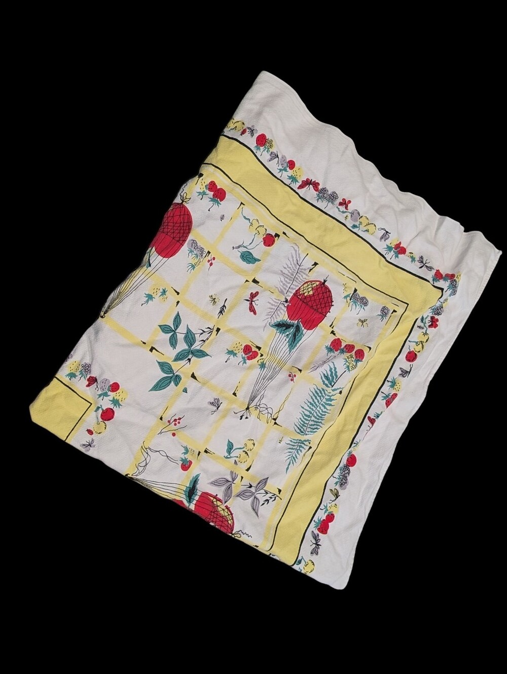 Vintage 1950's Cotton Square Table Cloth - Fruits Print - Beautiful! 48x45 Inch